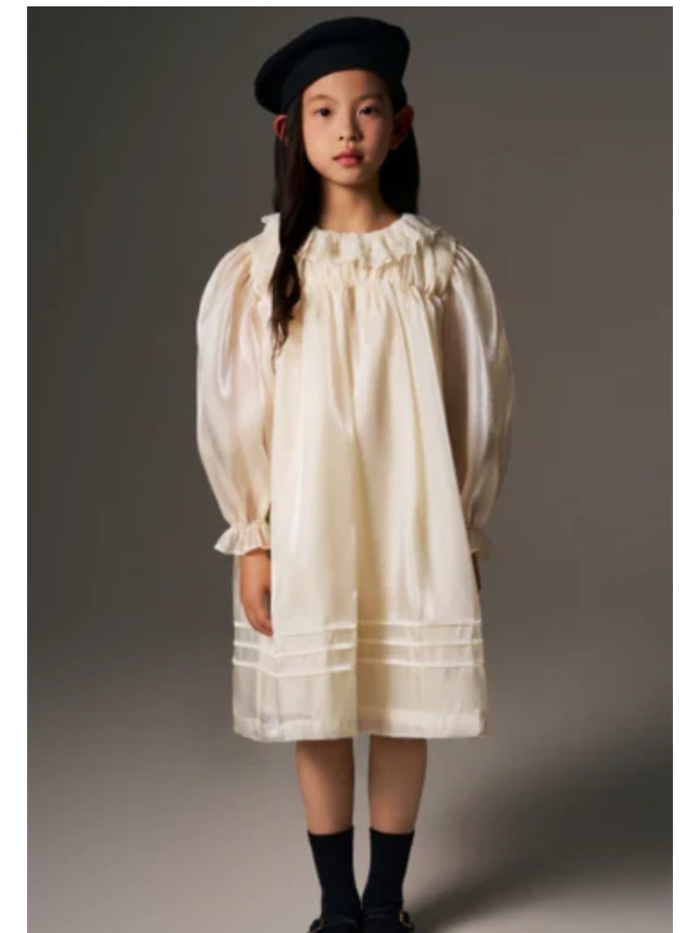 Cream Ruffled Long-Sleeve Formal Dress for Girls